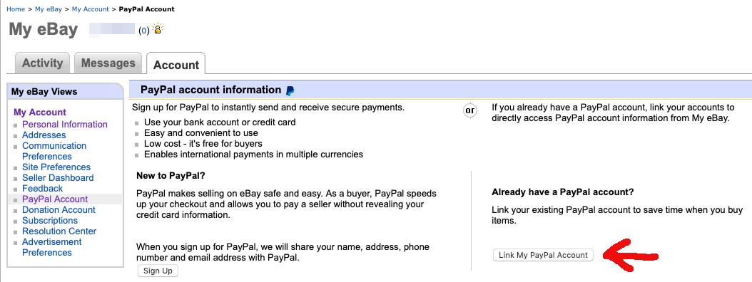 eBay アカウントを PayPal にリンクする